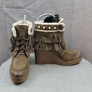 Sam Edelman Kemper Tan Suede Fringe Moccasin Wedge Booties SZ 9